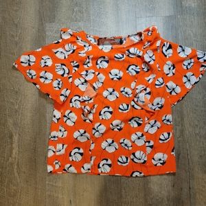 CODE x MODE Bright Orange, Navy and White Floral Blouse with Flouncy Sleeves
